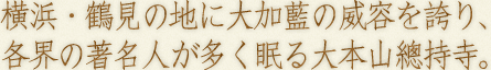 横浜・鶴見の地に大伽藍の威容を誇り、各界の著名人が多く眠る大本山總持寺。